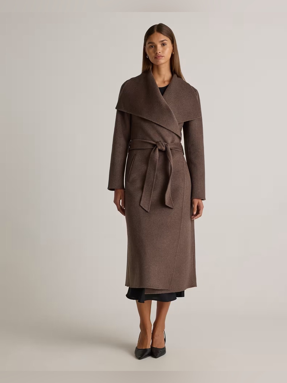 Quince Double-Faced Merino Wool Draped Collar Wrap Coat in Cocoa Melange size XS
